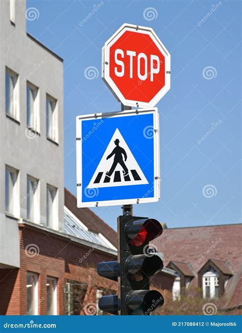 Stop And Pedestrian Crossing Traffic Signs Stock Photo Image Of Road