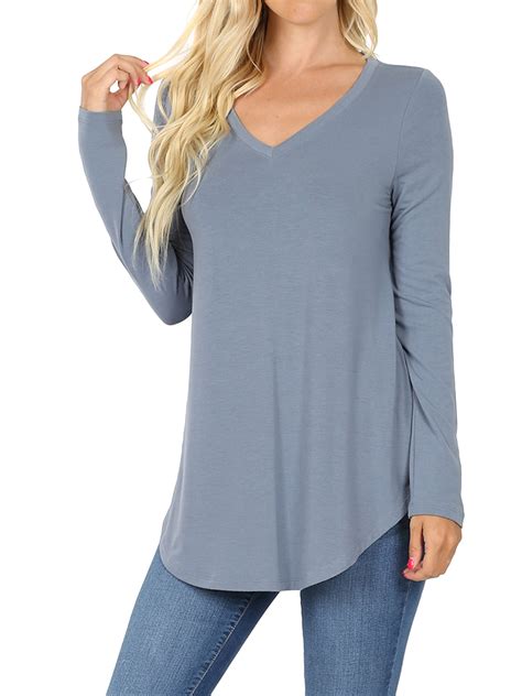 zenana women and plus relaxed fit long sleeve v neck round hem jersey tee shirt top