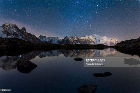 Starry Sky With Milky Way And Mont Blanc Massif Reflected In The Lac