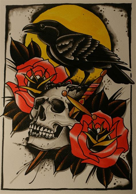 Traditional Colorful Raven With Skull And Roses On Yellow Sun