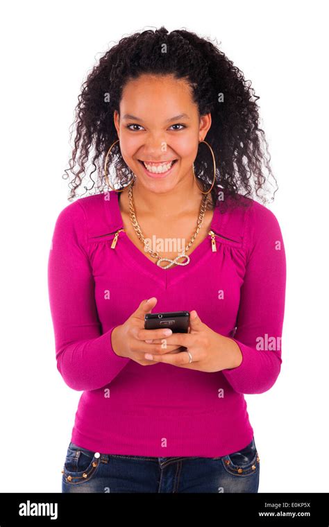 Portrait Of Young Girl African Talking On Phone Isolated Stock Photo