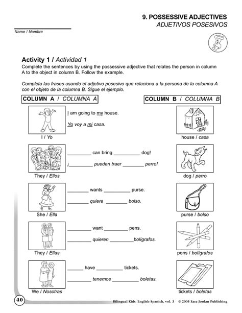 Activity Actividad Possessive Adjectives Adjetivos