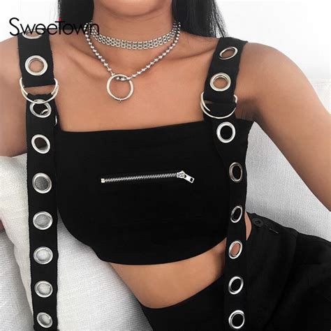 Sweetown Punk Gothic Tank Top 2019 Black Sexy Eyelet Strap Crop Vest Streetwear Sleeveless