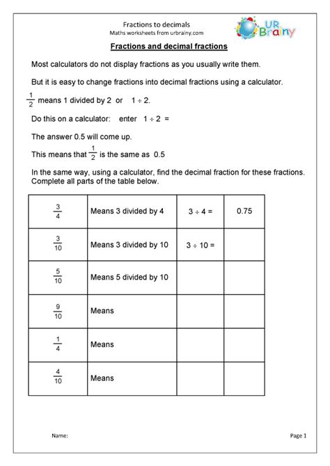 Fractions To Decimals Fraction And Decimal Worksheets For Year 4 Age