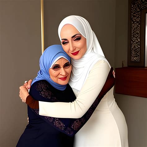 Beautiful Mature Hijab Romantic Mom Hugging Her Teen Son Arthubai