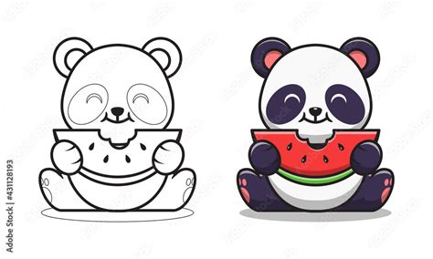 Cute Panda Eating Watermelon Cartoon Coloring Pages For Kids Stock