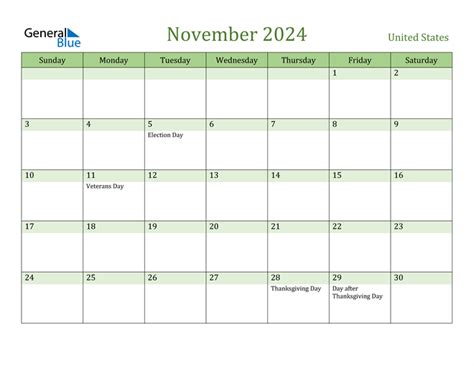 November 2024 Calendar With United States Holidays