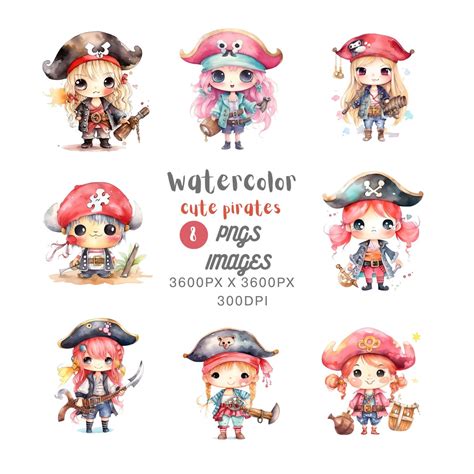 Watercolor Kawaii Pirate Clipart Bundle For Commercial Usepng Files