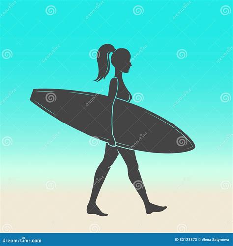 La Femme Va Surfer Avec La Planche De Surf Logo De Vintage De Ressac