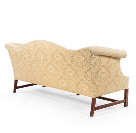 < image 1 of 6 >. Chippendale camelback yellow damask sofa with mahogany frame