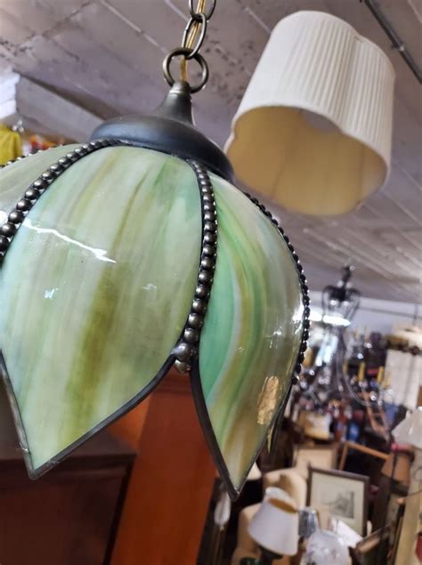 Vintage Slag Glass Tulip Pendant Chandelier Lamp Green Stained Glass