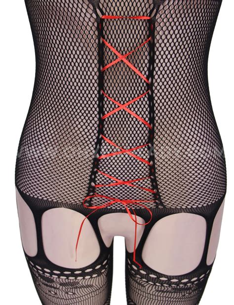 Hot Sexy Black Fishnet Red Croch Front Bodystocking
