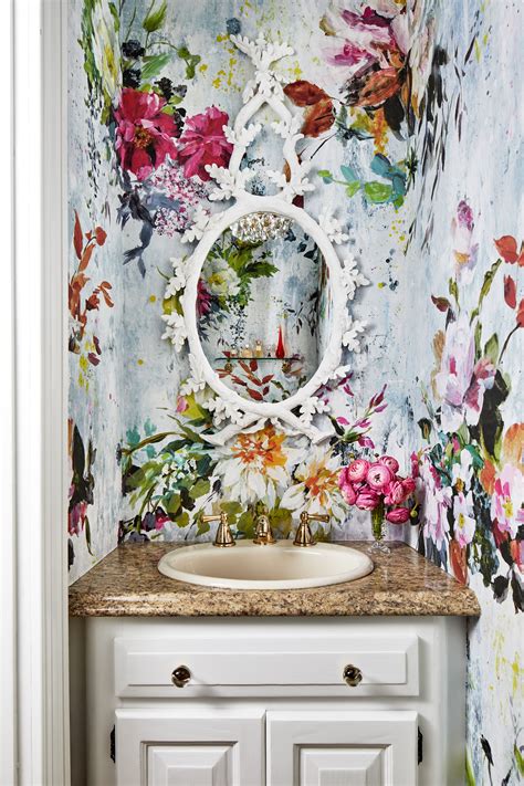 Powder Room With Large Scale Vibrant Floral Wallpaper And Twig