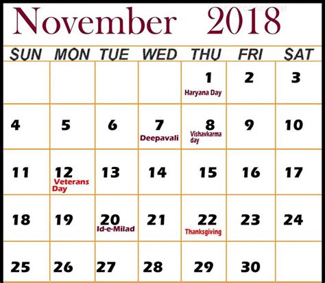 November 2018 Calendar With Holidays November Calendar Event