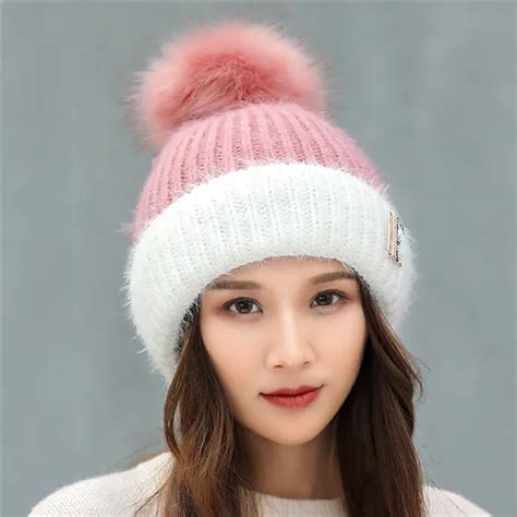 Big Pom Poms Winter Hat Women Double Colors Knitted Hats Caps For Girls Fashion Female Diamonds