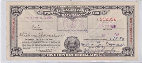 500 Series Of 1939 Postal Savings System Certificate Paid Colchester