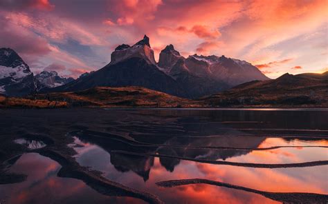 Patagonia Beautiful Landscape Mountains Lake Red Sky Clouds