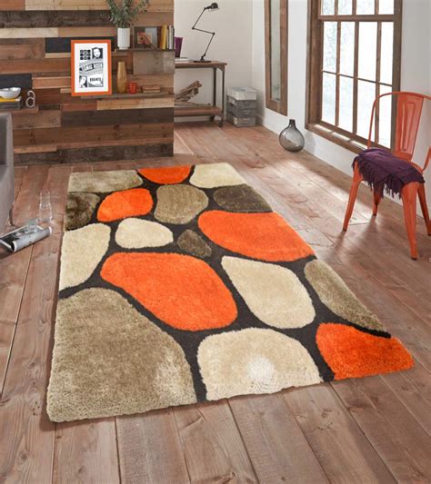 3d Pebbles Shaggy Rug Orange And Brown Living Room