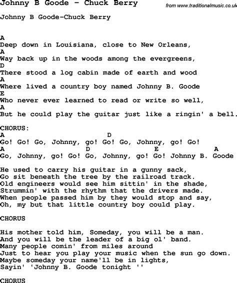 Song Johnny B Goode by Chuck Berry, song lyric for vocal performance