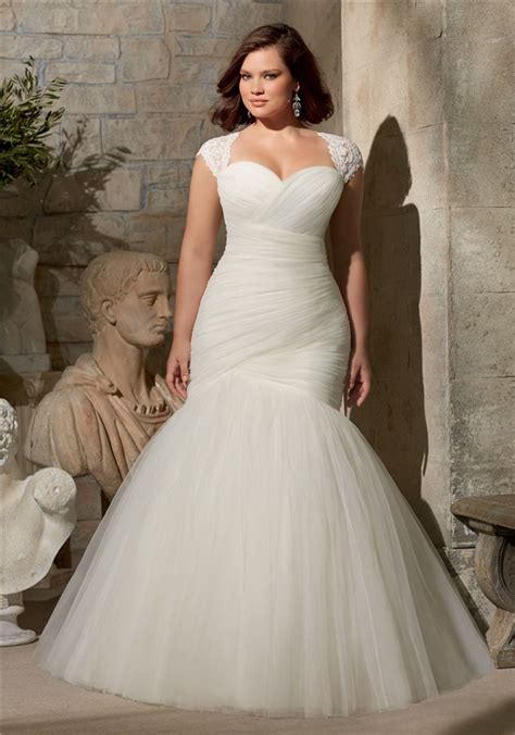 flare mermaid ruched tulle corset plus size wedding dress detachable cap sleeves