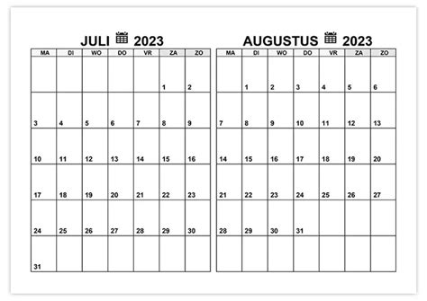 Kalender Juli Augustus 2023