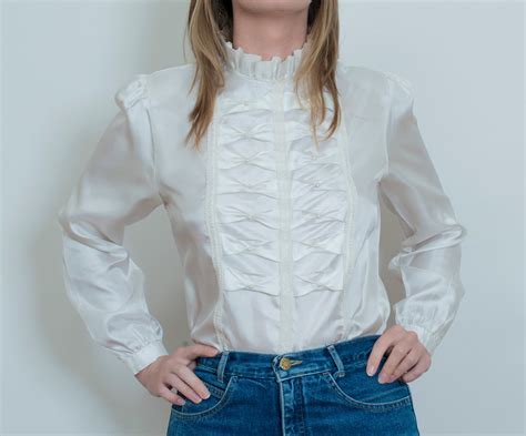 70s White Ruffle Blouse High Neck Victorian Style Blouse Etsy