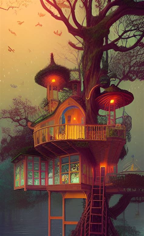 Fantasy Treehouse With Glowing Lights