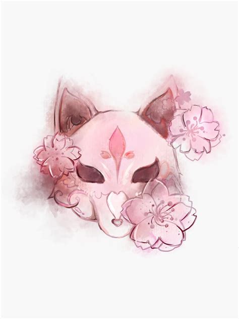 Kawaii Japanese Pink Kitsune Fox Spirit Mask With Sakuras Sticker