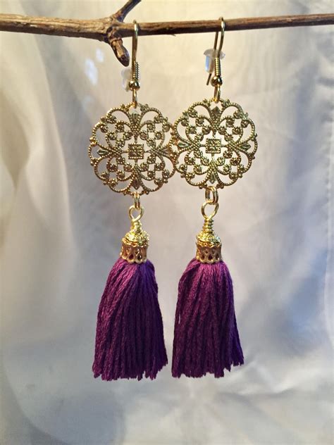 Tassel earrings-purple earrings-boho earrings-filigree earrings-gold earrings-drop earrings 