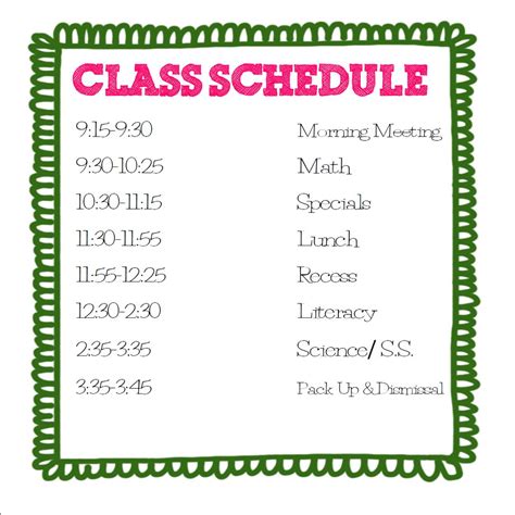 5th Grade At A Glance Class Schedule For 2012 2013
