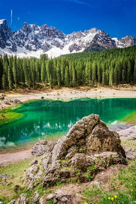 Stunning View To Mountain Carezza Lake In Dolomites Italy Stock Image