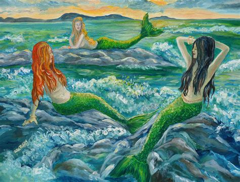 Mermaids On The Rocks Painting By Julie Brugh Riffey Fine Art America