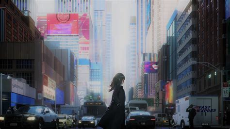 Download 1920x1080 Anime Girl Walking Cityscape Urban Cars Glasses