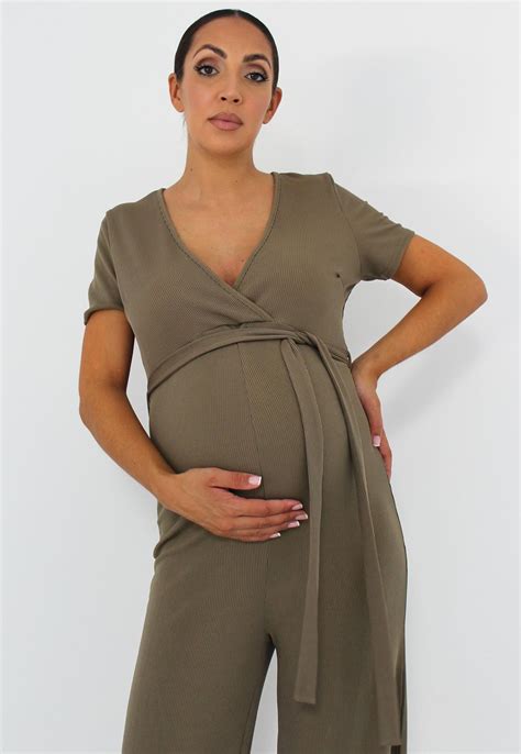 Khaki Ribbed Wrap Front Maternity Jumpsuit Missguided