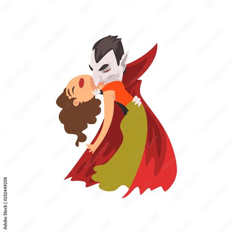 Count Dracula Biting A Beautiful Woman Vampire Cartoon Character Vector Illustration On A White