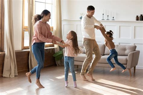 Happy Parents Dancing Small Daughters Living Room Stock Photos Free