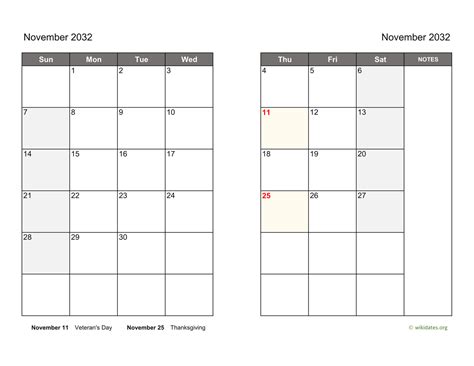 November 2032 Calendar On Two Pages