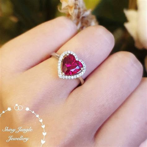 Halo Heart Shaped Genuine Lab Grown Ruby Ring 2 Carats 88mm Red Heart
