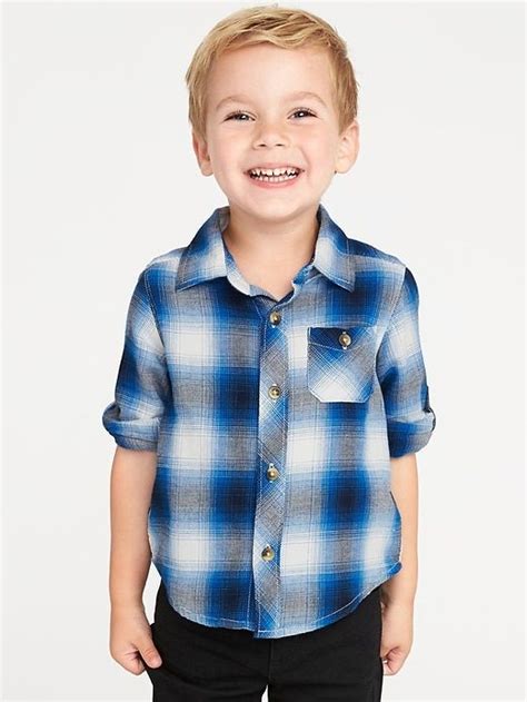 Old Navy Toddler Boys Plaid Roll Up Sleeve Shirt Blue Shadow Plaid