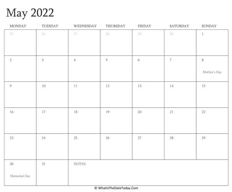 Editable Calendar May 2022 With Holidays Whatisthedatetodaycom