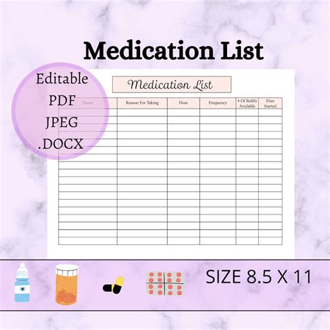 Medication List Editable And Printable Template Pdf  And Docx