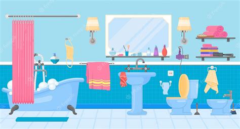Premium Vector Cartoon Bathroom Interior Hotel Bathtub Closet With