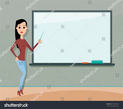 Young Female Teacher Standing Front Blackboard เวกเตอร์สต็อก ปลอดค่า