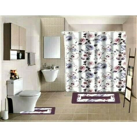 15 Piece Bathroom Set 2 Rugsmats Non Slip 1 Fabric Shower Curtain 12 Fabric Covered Rings