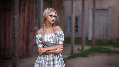 Wallpaper Blonde Pigtails Women With Glasses Portrait Dress Arms