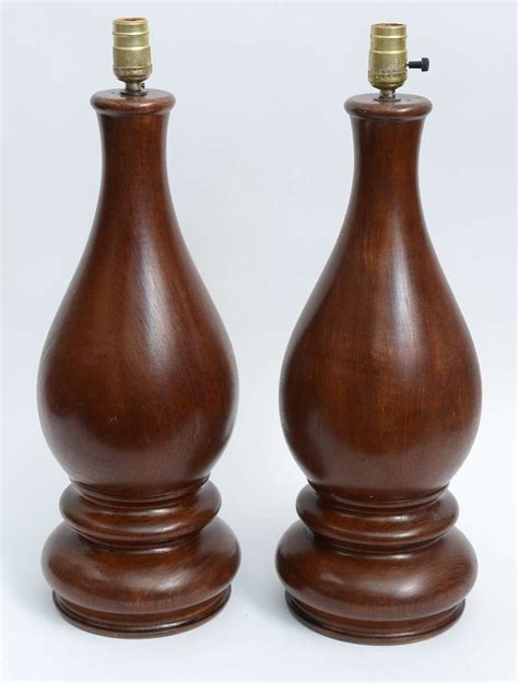 Mid Century Pair Of Dark Hand Turned Wood Table Lamps For Sale At