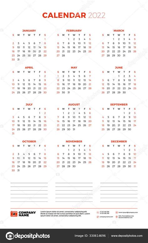 Kalender Untuk 2022 Tahun Minggu Dimulai Pada Hari Minggu Templat