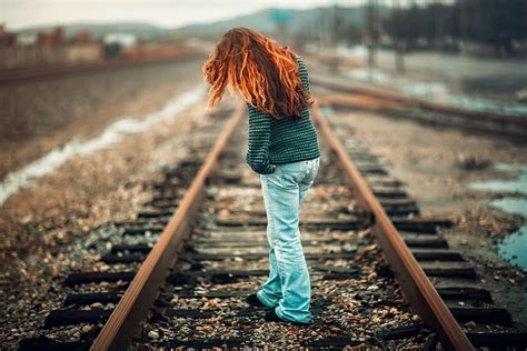 People Girl Woman Alone Railway Track Outdoor Rail Transportation Railroad Track One