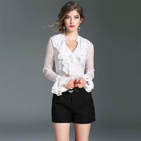 White Ruffles Silk Blouses Womens Clothing Ladies 3 Colors Vintage