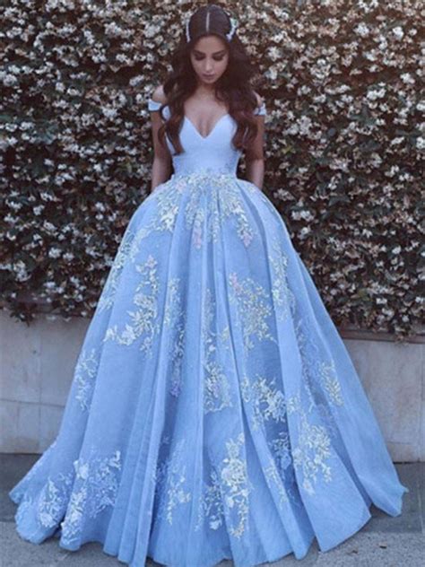 Off Shoulder Light Blue Prom Dress With Lace Applique Prom Gown Ligh